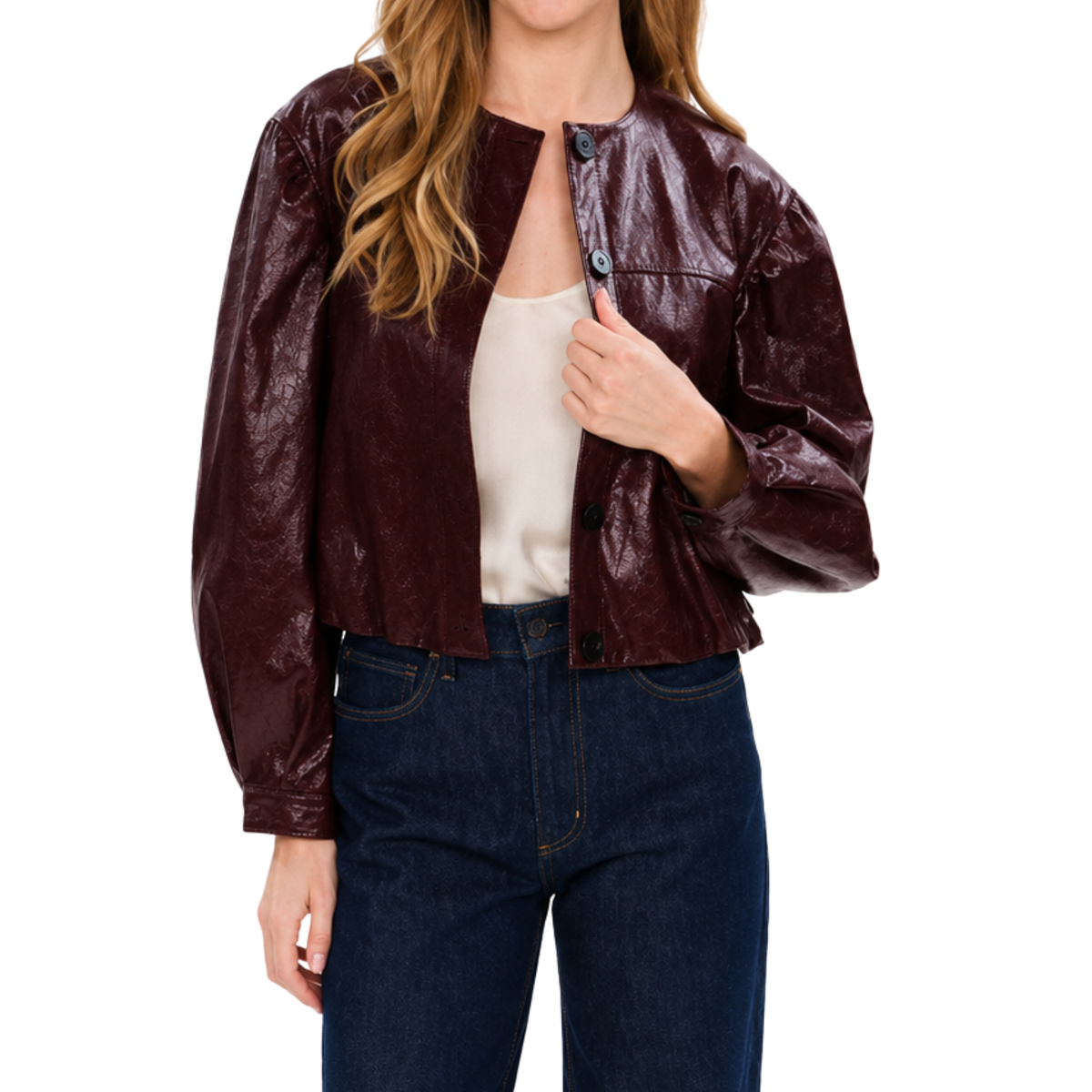 EMILIA | Round Neck Faux Textured Leather Bomber Jacket