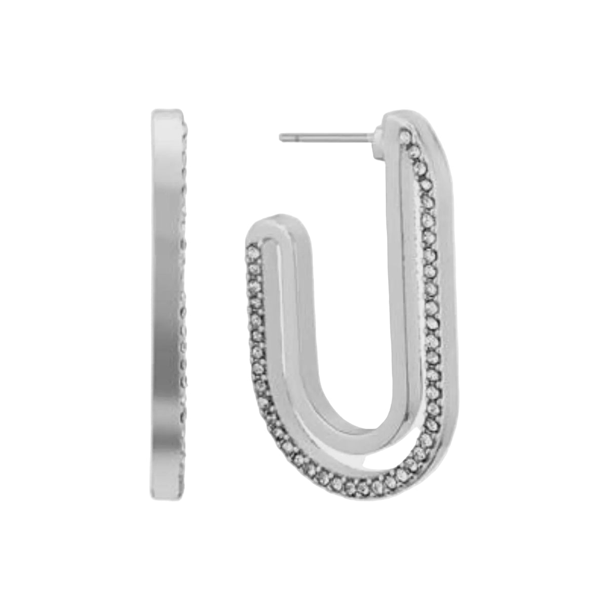 Silver Oval Hoop Earrings with Rhinestones