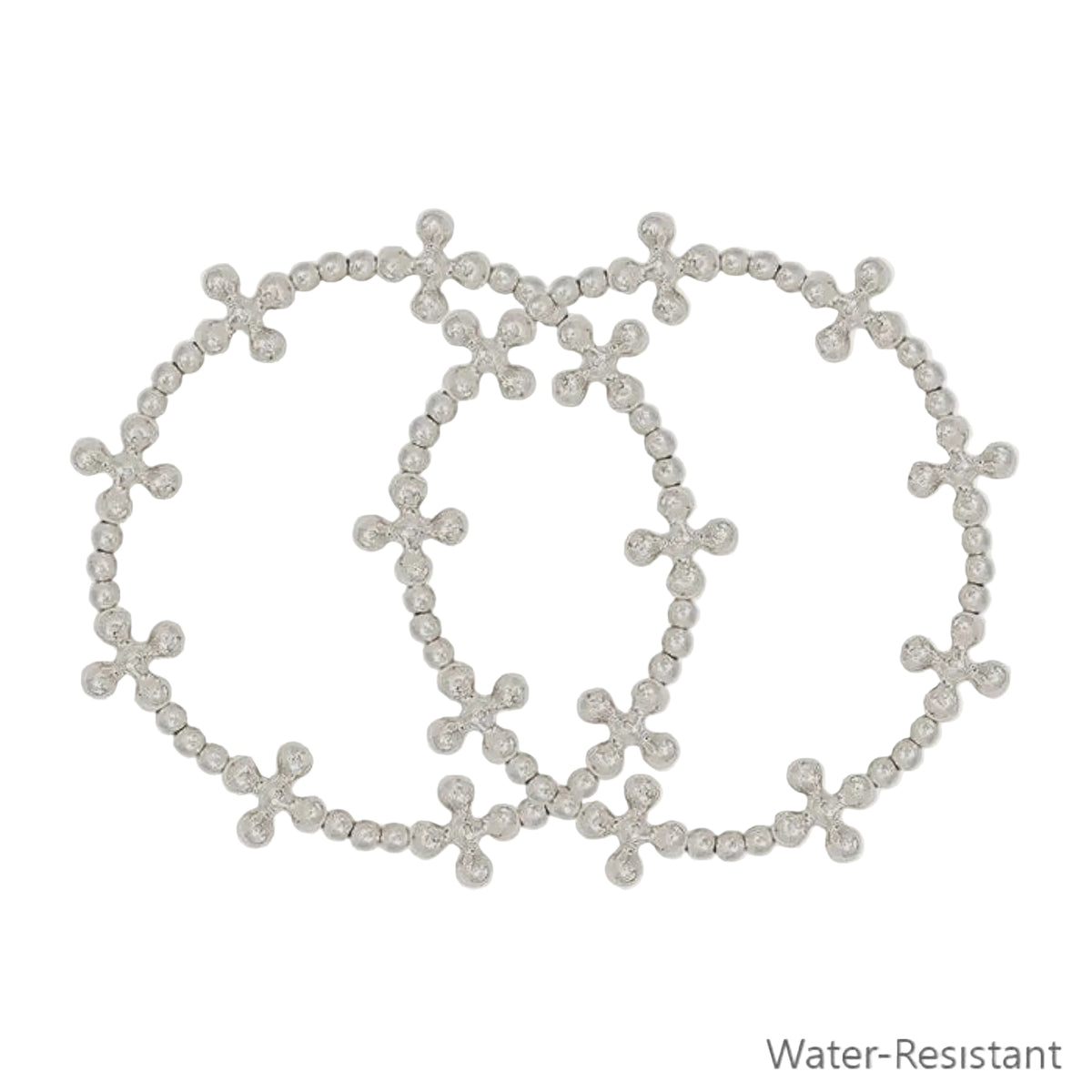 Water Resistant Silver Beaded Cross Shape Stretch Bracelets | Set Of 2