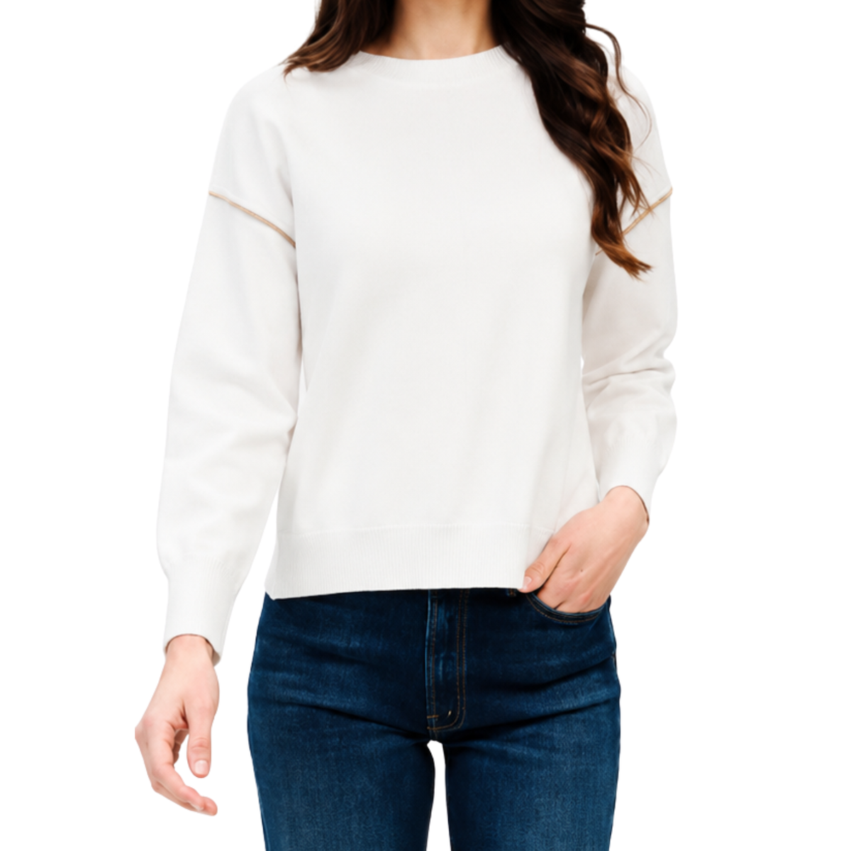 Crew Neck Exposed Seam Sweater - Ivory & Camel