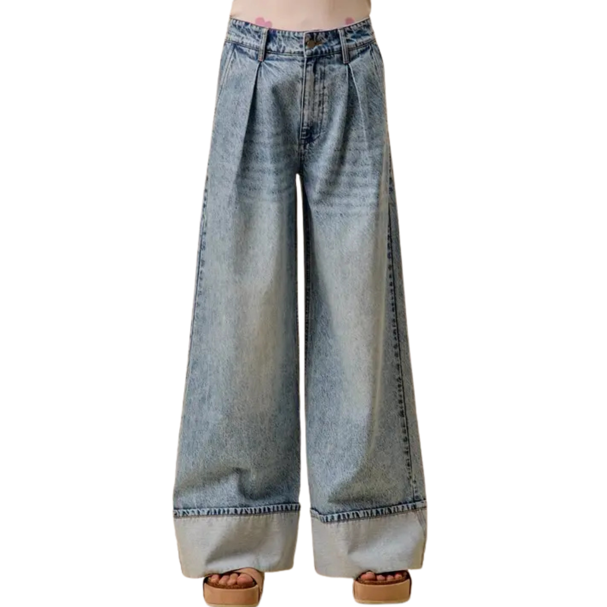 Mid Rise Plated Wide Leg Denim Jeans