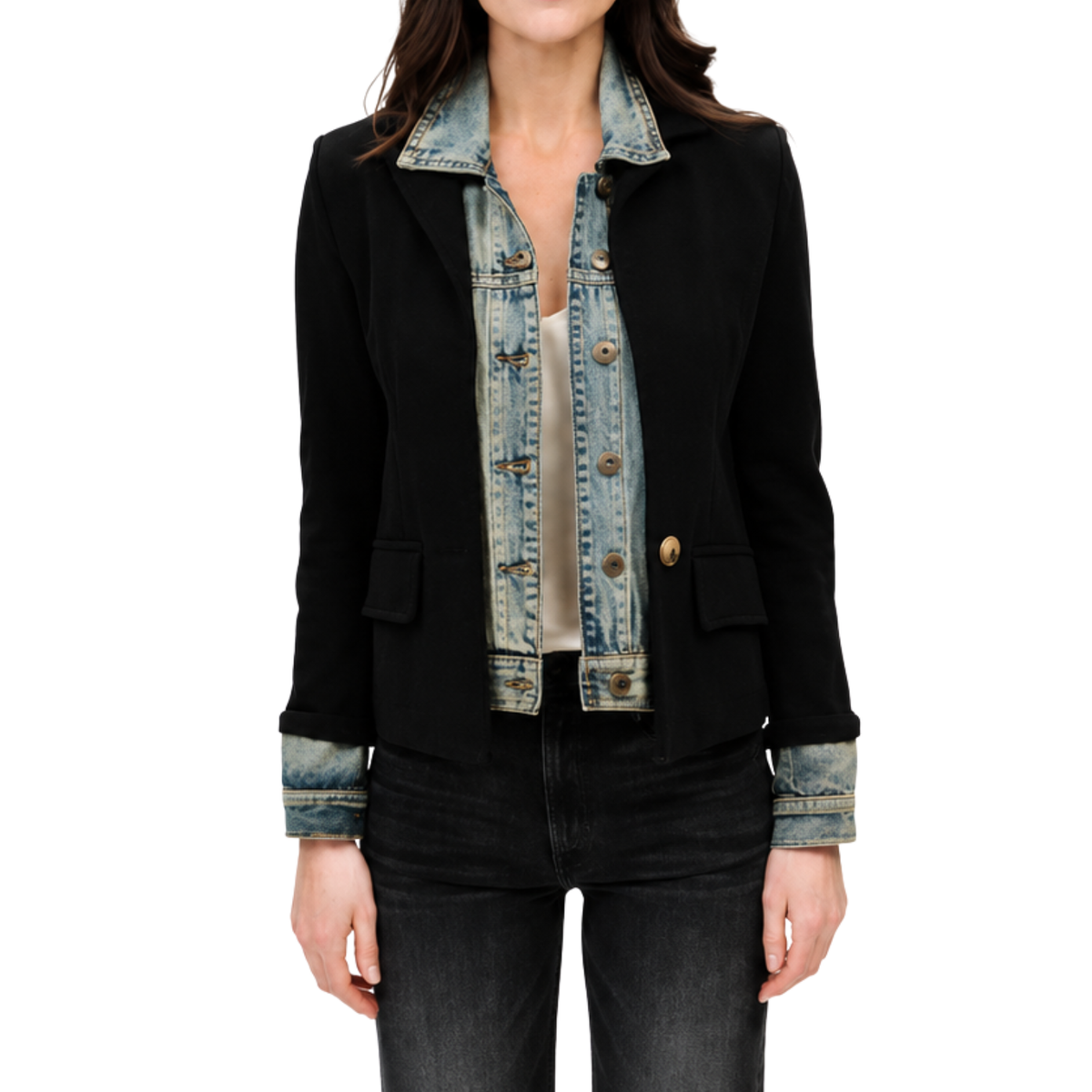 Mixed Media Denim Jacket - Black