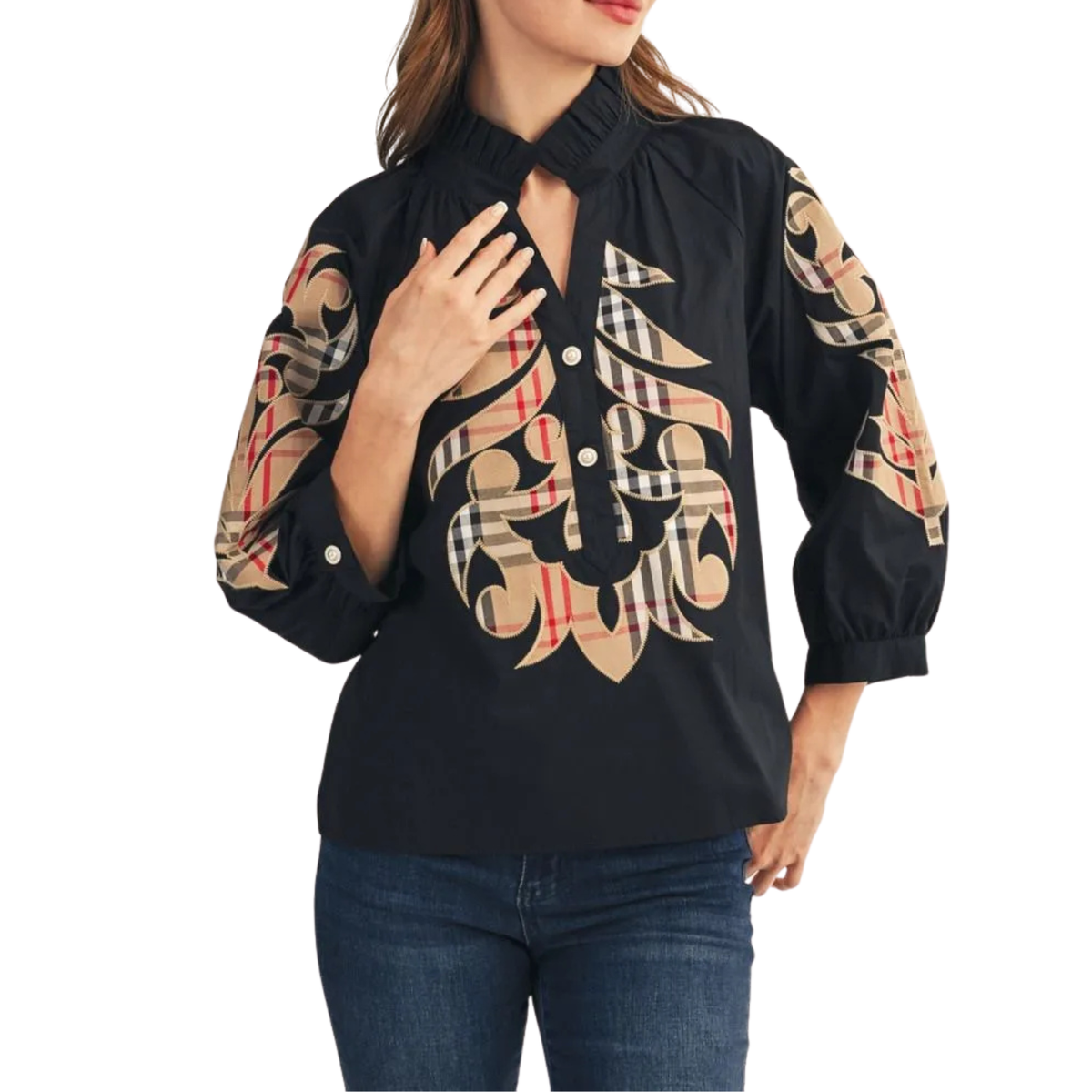 Plaid Embroidered Popover Blouse - Black Multi