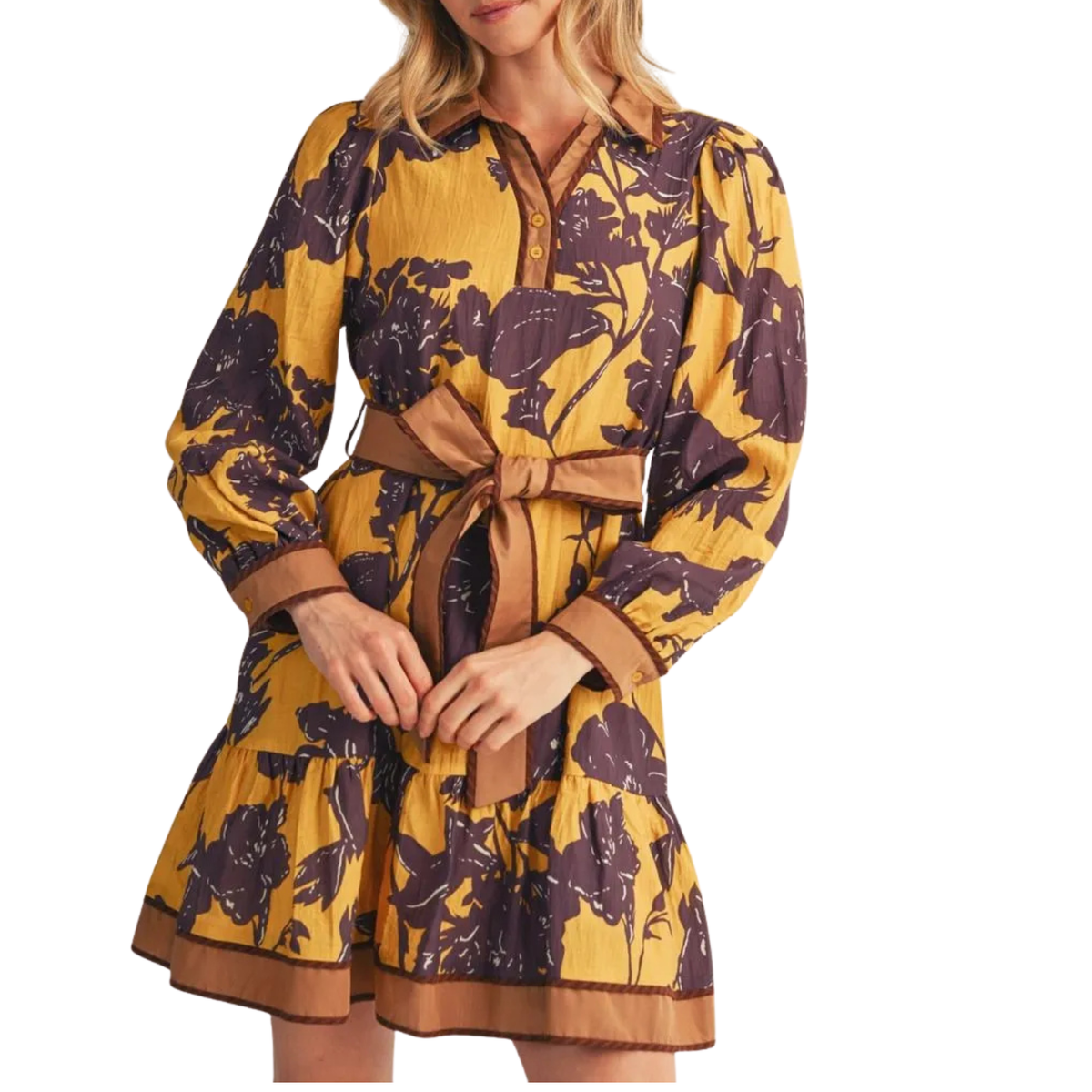 Floral Belted Mini Dress – Mustard & Plum