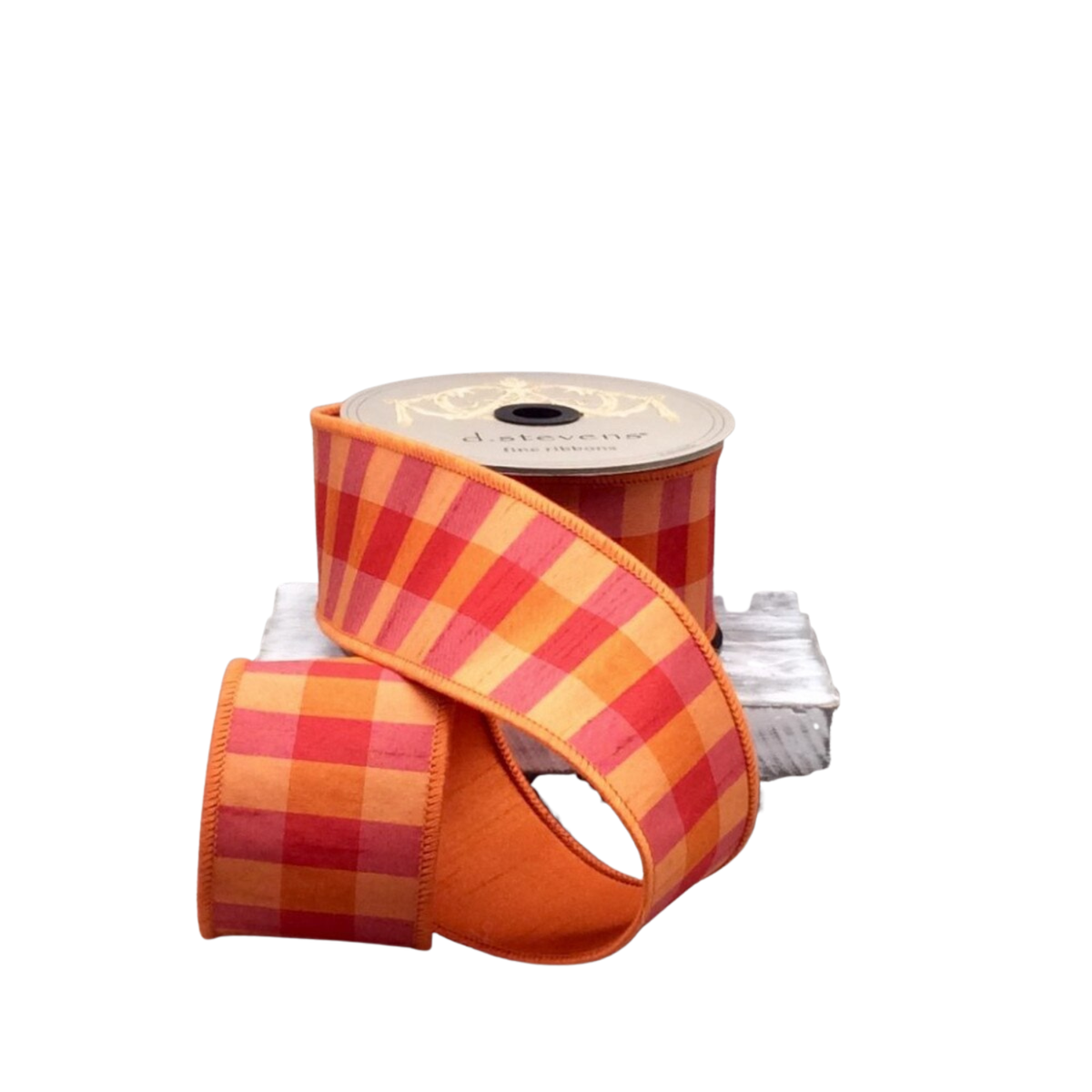 2.5" x 10yds Faux Dupion Check Ribbon | Orange & Red with Orange Back