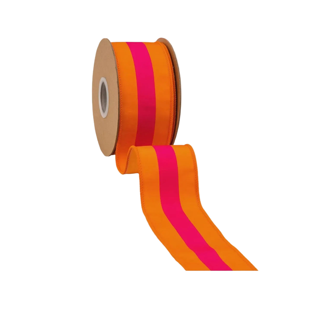 2.5" Pink on Orange Center Stripe Wired Dupioni Ribbon – 10 Yard Roll