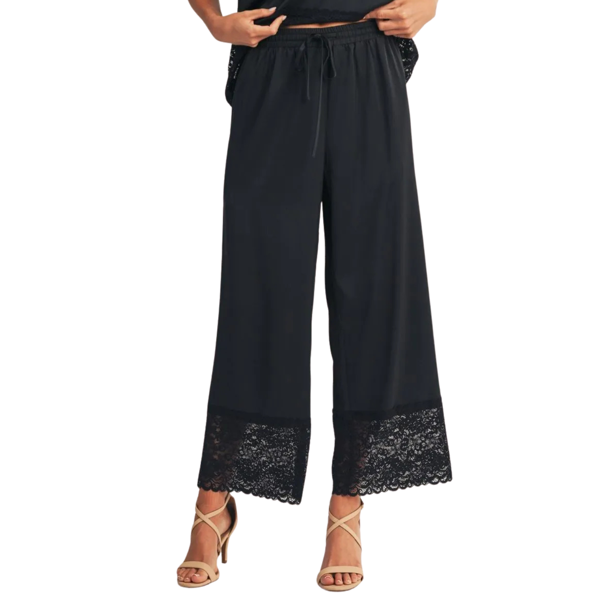Lace Hem Wide Leg Pants – Black
