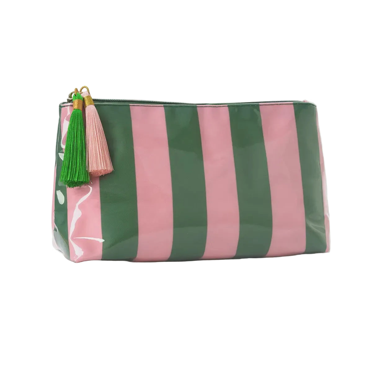 Large Stripe Cosmetic Bag with Tassel – Green & Pink
