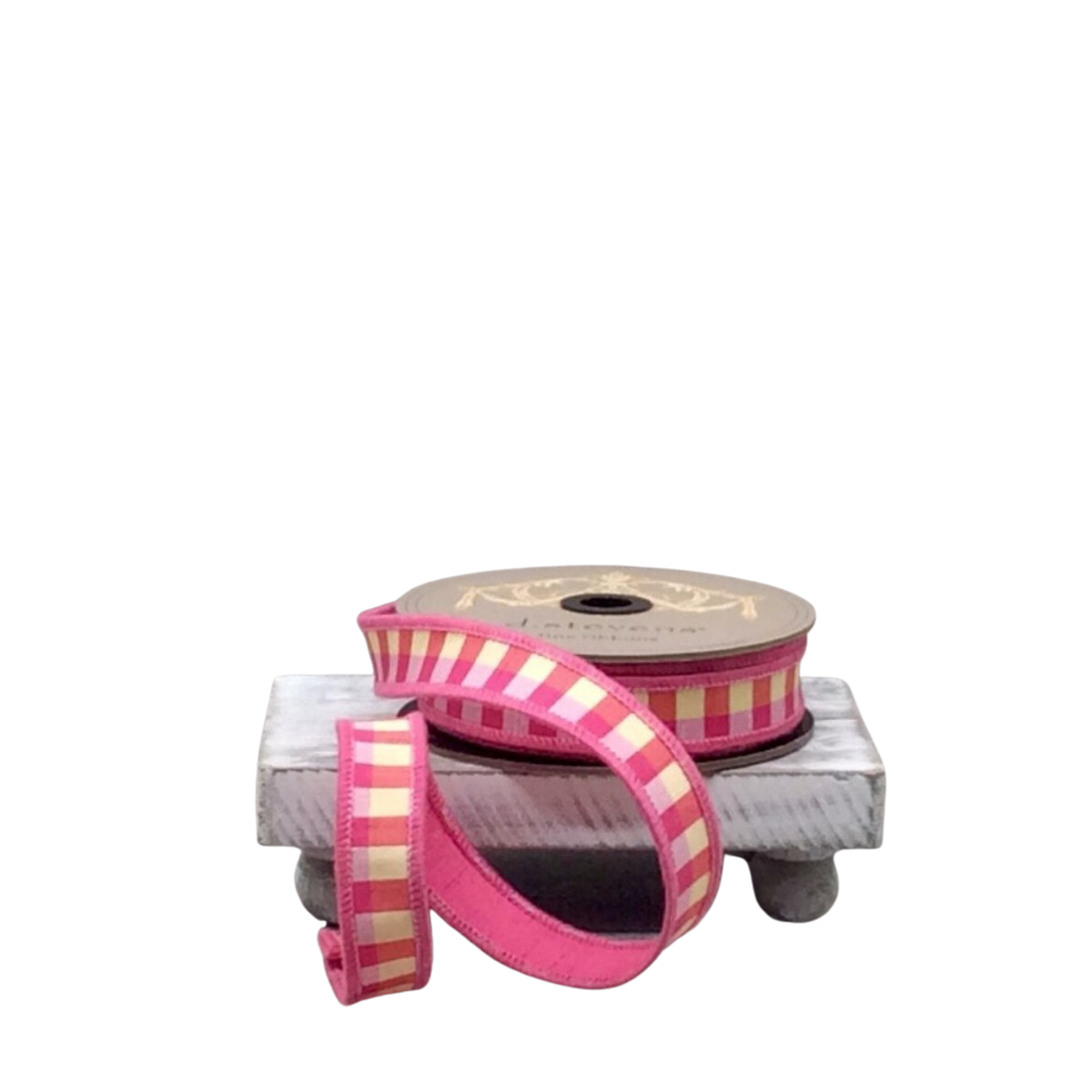 1" x 10yds Faux Dupion Check Ribbon | Pink, Blue & Pale Yellow with Hot Pink Back