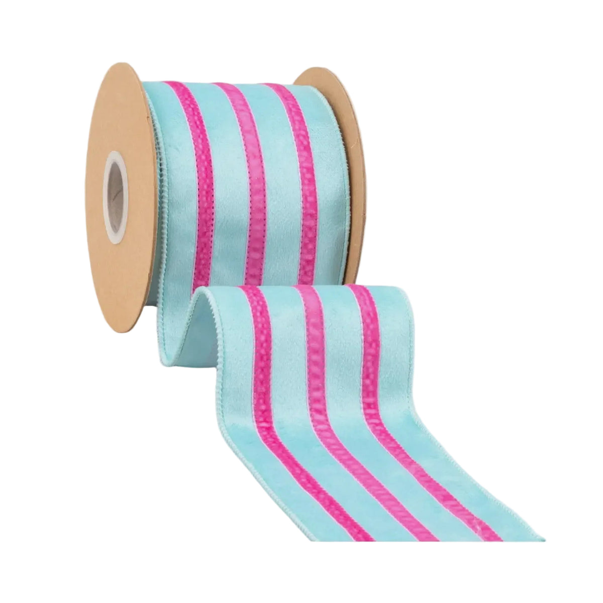 4" Wired Velvet Ribbon w/ Trim – Blue w/ Pink Trim | 10 Yard Roll