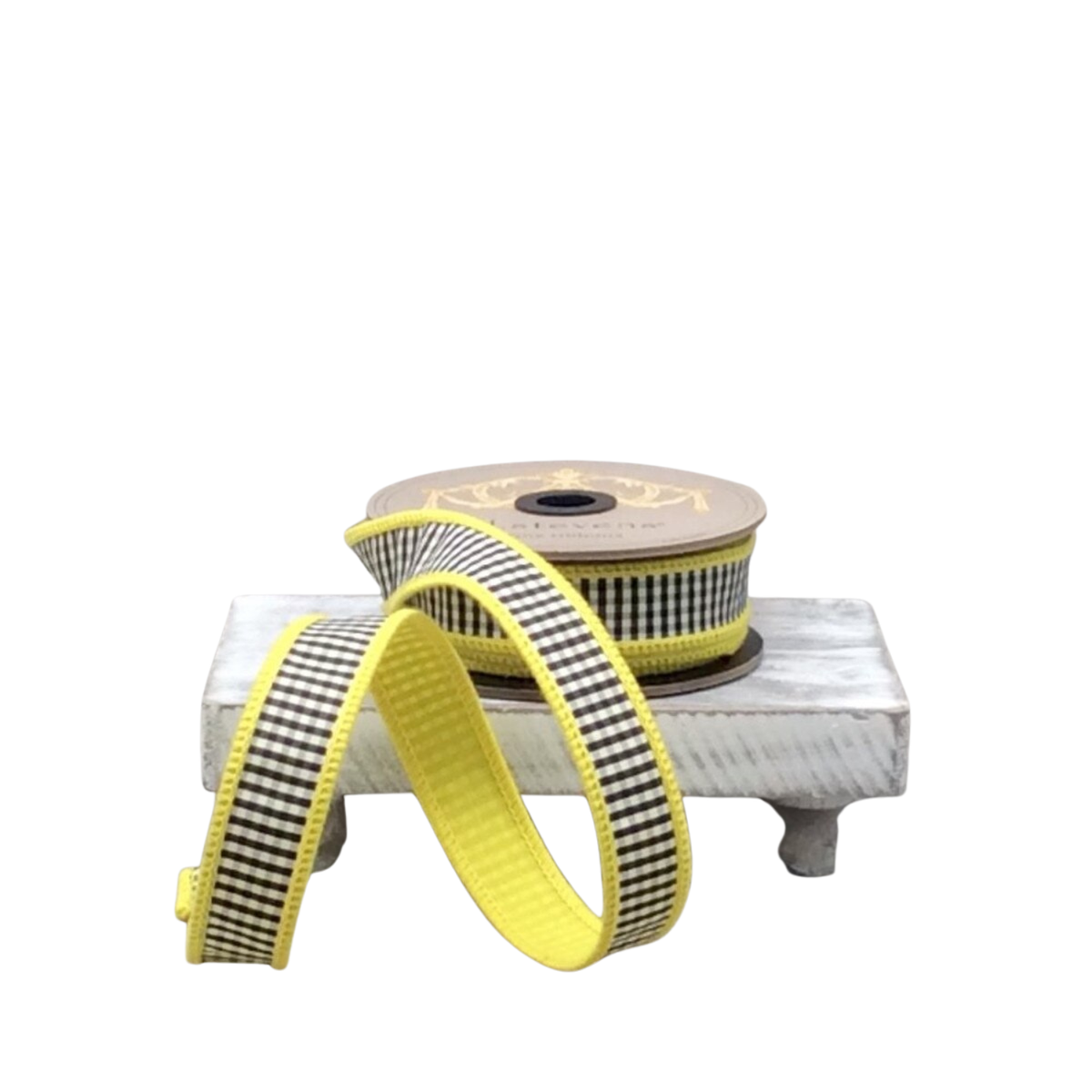 1" x 10yds Faux Dupion Mini Check Ribbon | Black & White with Yellow Back