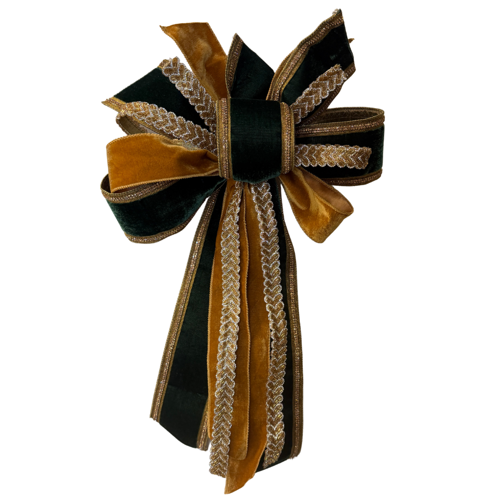 Green, Camel & Gold Velvet Bow Approx. 27" Long x 16" Wide