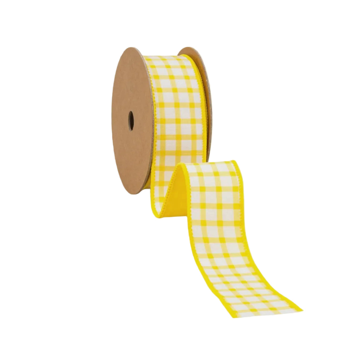 1 1/2" Yellow & White Check Wired Dupioni Ribbon – 10 Yard Roll