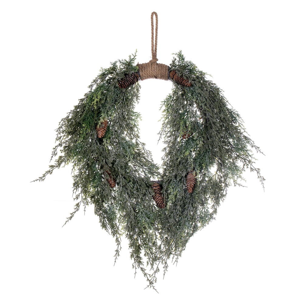 24" Artificial Frosted Cedar Hanging Wreath with Pinecones