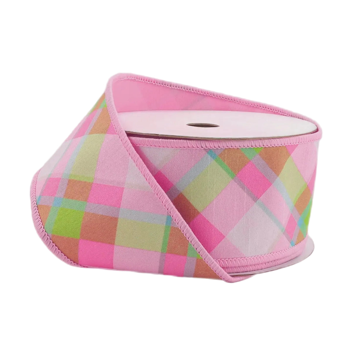 2 1/2" Bias Plaid Pink & White Wired Dupioni Ribbon – 10 Yard Roll
