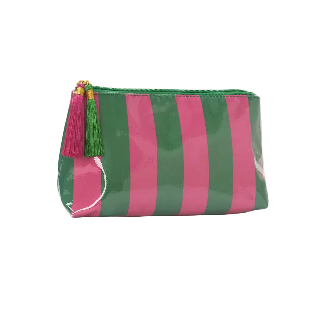 Stripe Cosmetic Bag with Tassel – Green & Hot Pink
