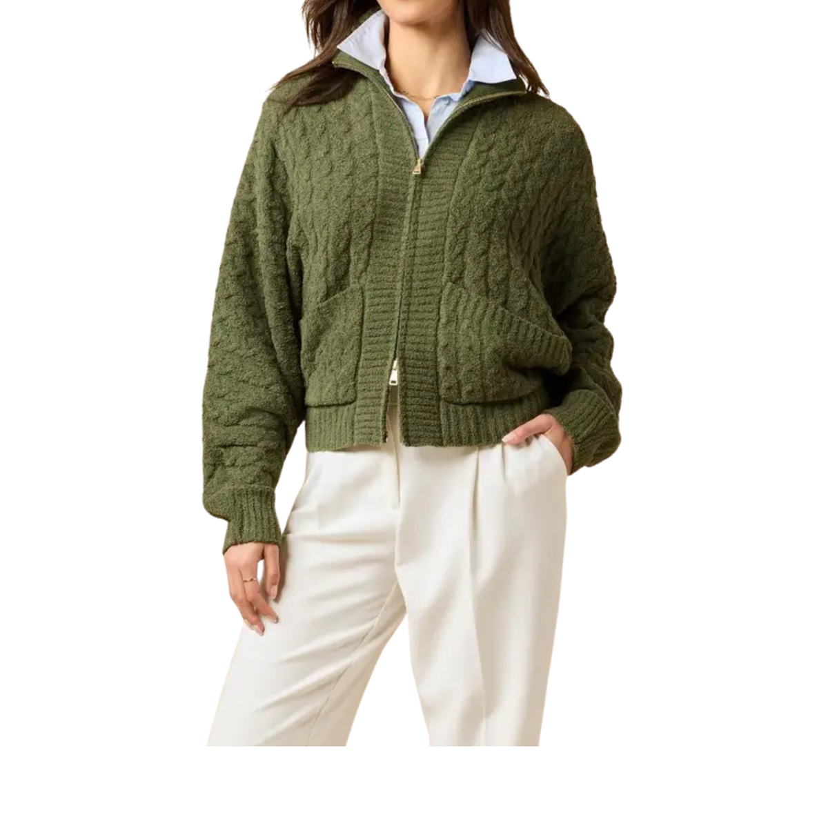 Cable Knit Marshmallow Funnel Neck Double Zip Jacket – Olive