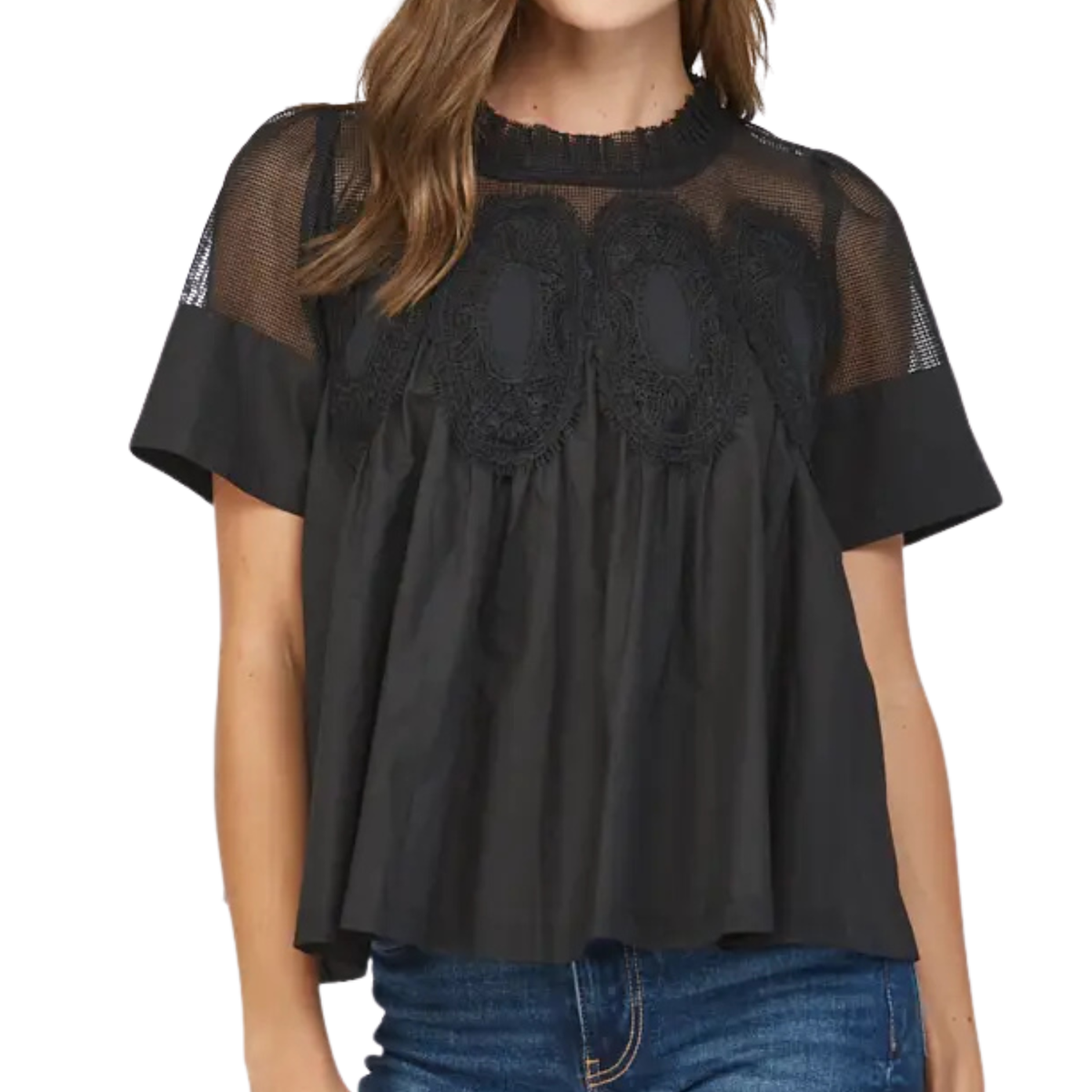 Mesh Combined Top with Applique