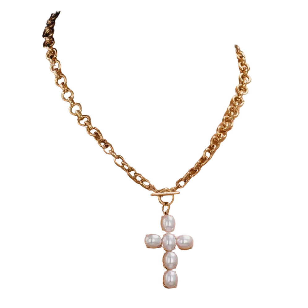 Pearl Cross Toggle Chain Necklace