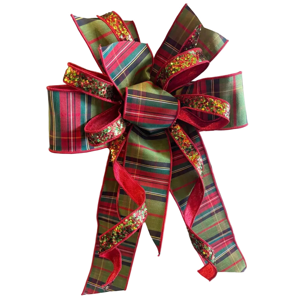 Green and Red Plaid Bow with Glitter Approx. 23"L x 16"W