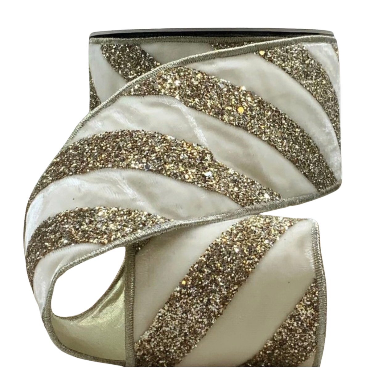 4" Velvet Glitter Diagonal Stripe Ribbon – Winter White | 10 Yards