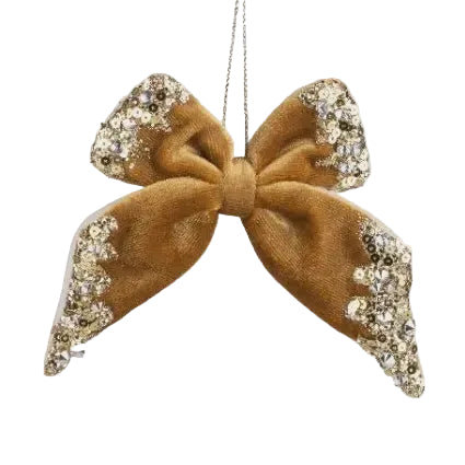 Antique Gold Velvet Bow Ornament with Sequin Trim, 4.25"