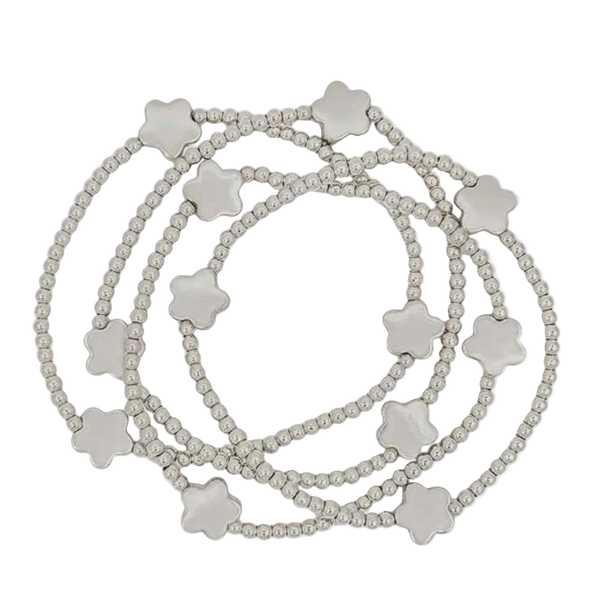 Water Resistant Silver Beaded With Flower Accent Stretch Bracelet | Set of 4