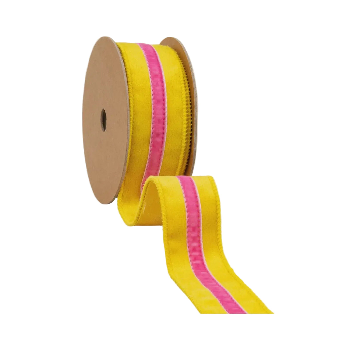 1 1/2" Yellow Velvet Wired Ribbon with Pink Trim – 10 Yard Roll