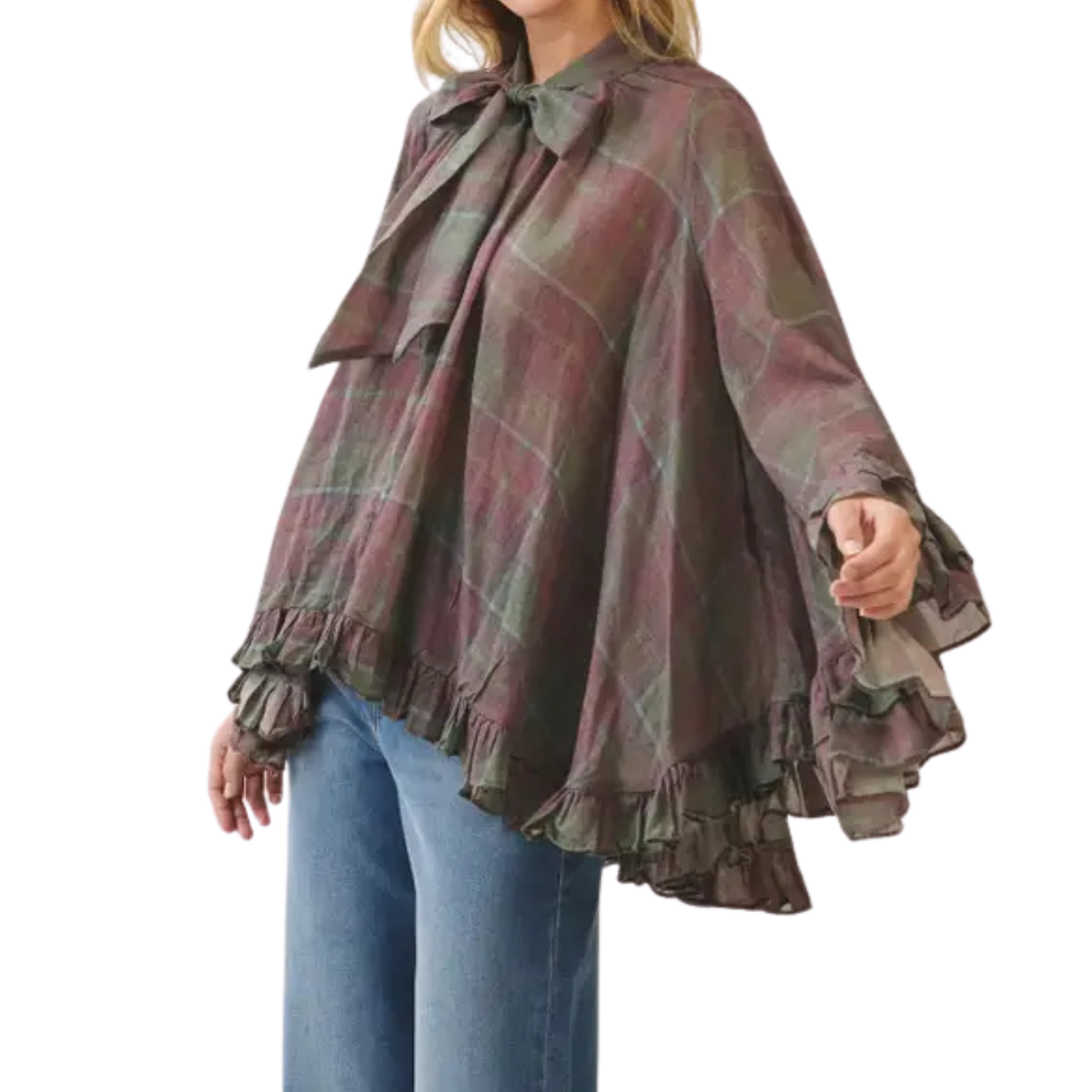 Plaid Bow Tie Ruffle Blouse