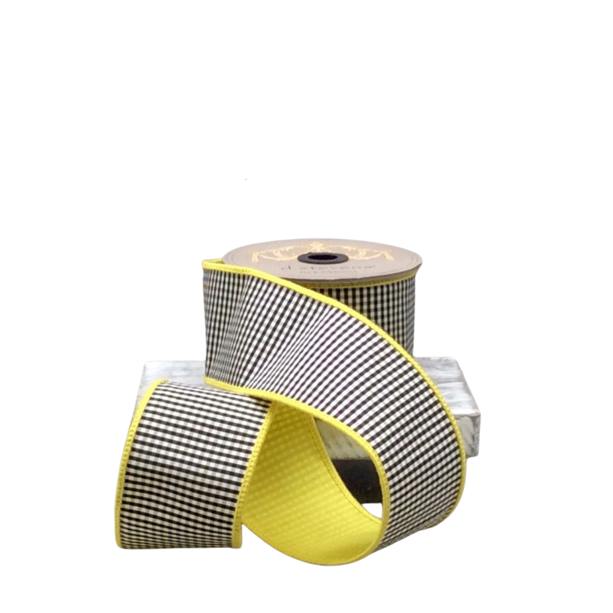 2.5" x 10yds Faux Dupion Mini Check Ribbon | Black & White with Yellow Back