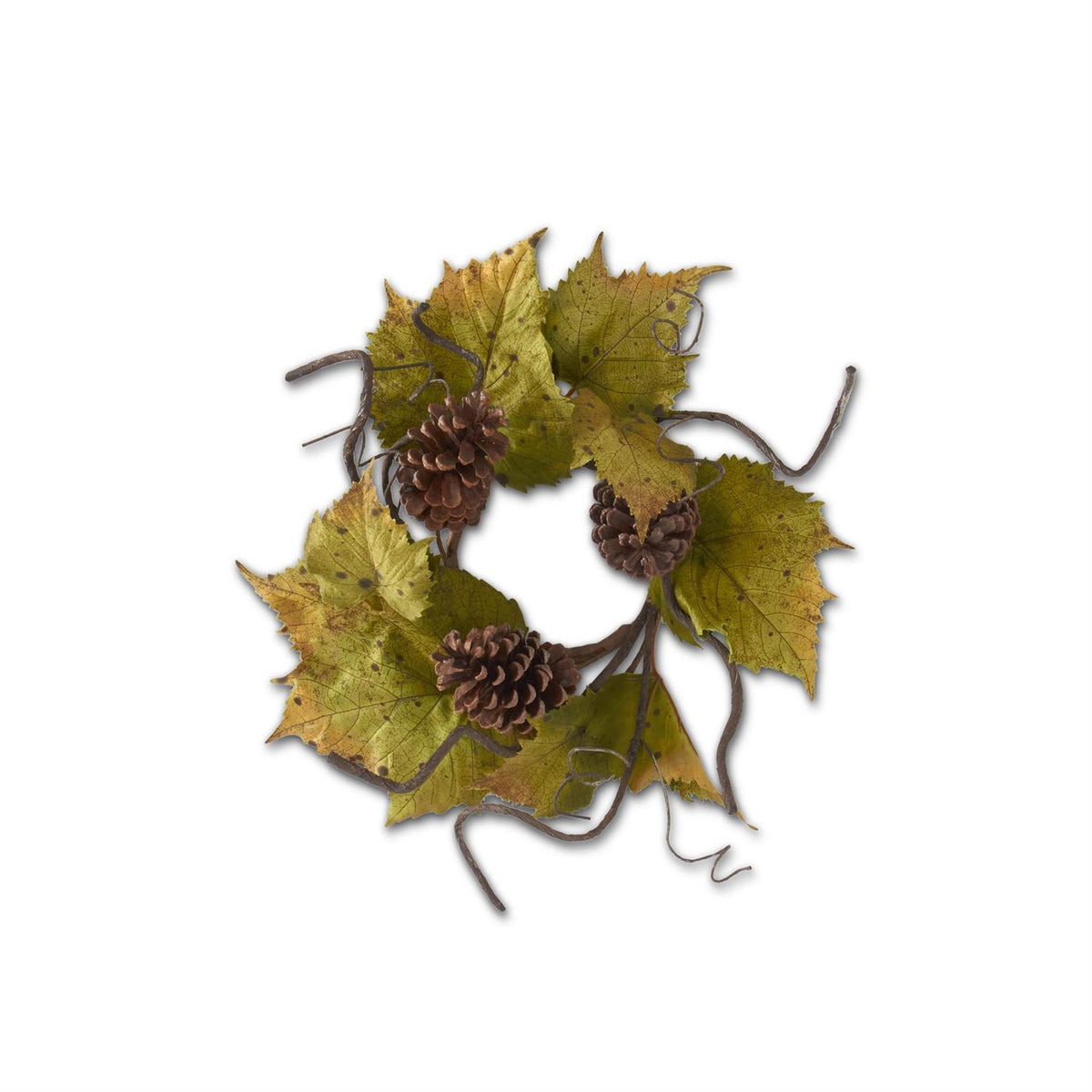 12" Green & Orange Trim Grape Leaves Candle Ring w/Twig & Pine