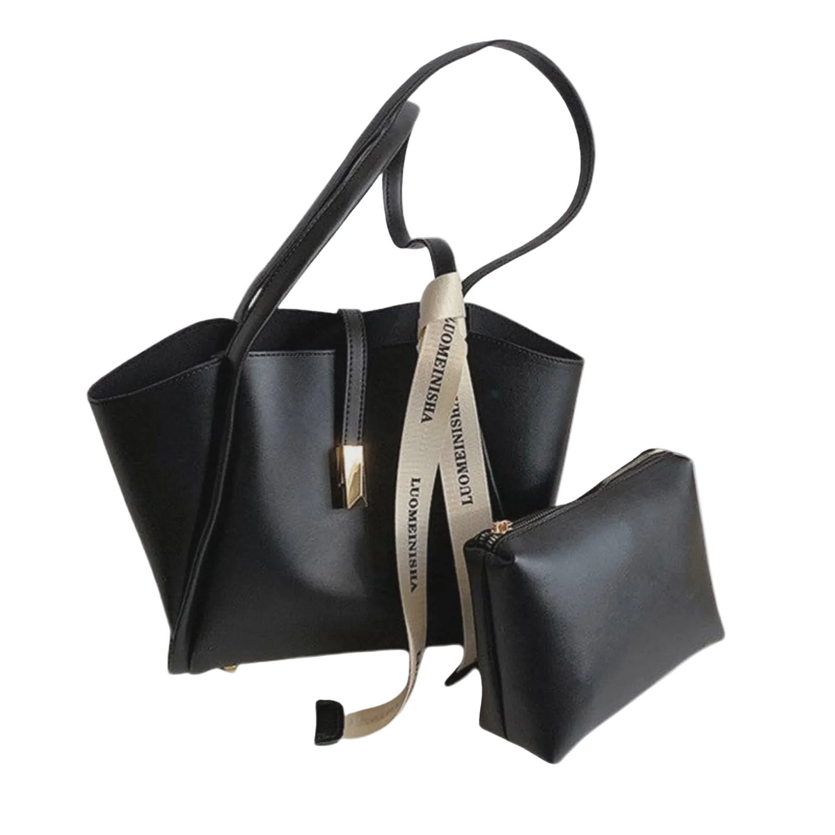 Casual Solid Color Handbag with Pouch | Black