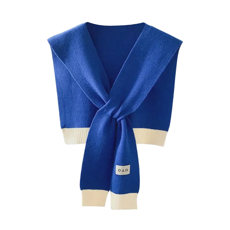 Cozy Colorblock Knit Shawl - Royal Blue & Cream