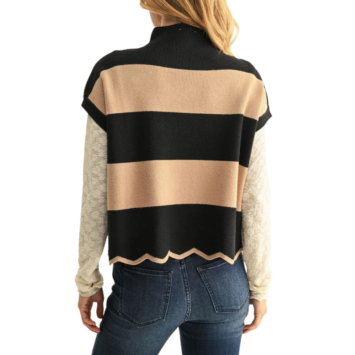 Scalloped Hem Stripe Sweater Vest - Black/Taupe