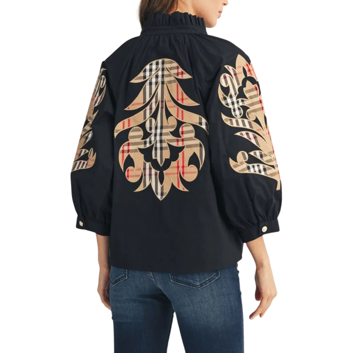 Plaid Embroidered Popover Blouse - Black Multi