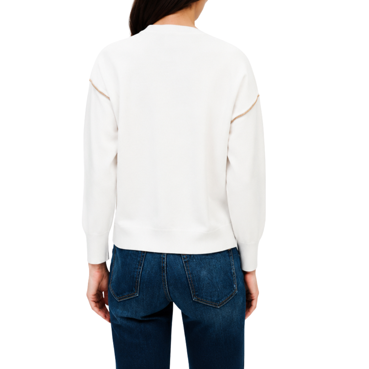 Crew Neck Exposed Seam Sweater - Ivory & Camel