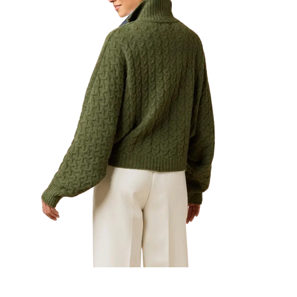 Cable Knit Marshmallow Funnel Neck Double Zip Jacket – Olive