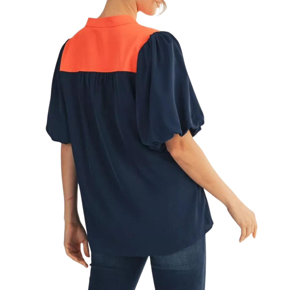 Navy & Coral Contrast Puff Sleeve Top