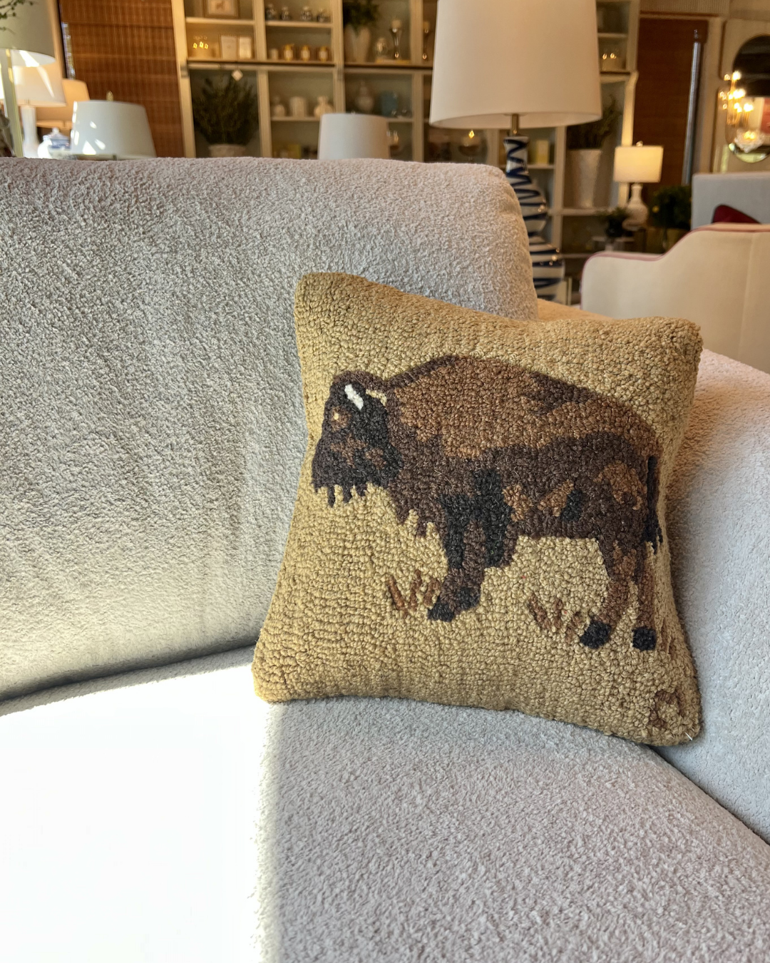 Gold Buffalo Hooked Pillow 14" x 14"