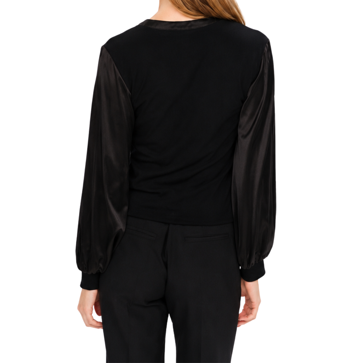 Black Ribbed Satin Sleeve Top - Black