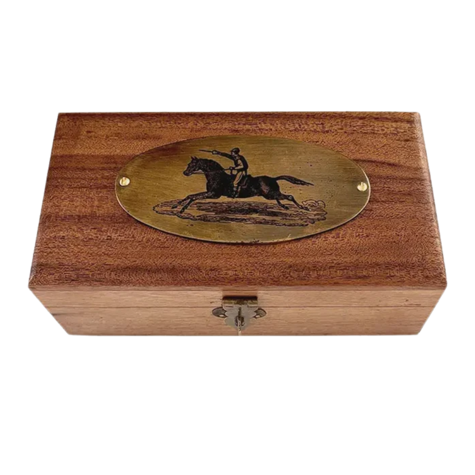 Solid Acacia Wood Storage Box with Horse & Rider Antiqued Brass Plate
