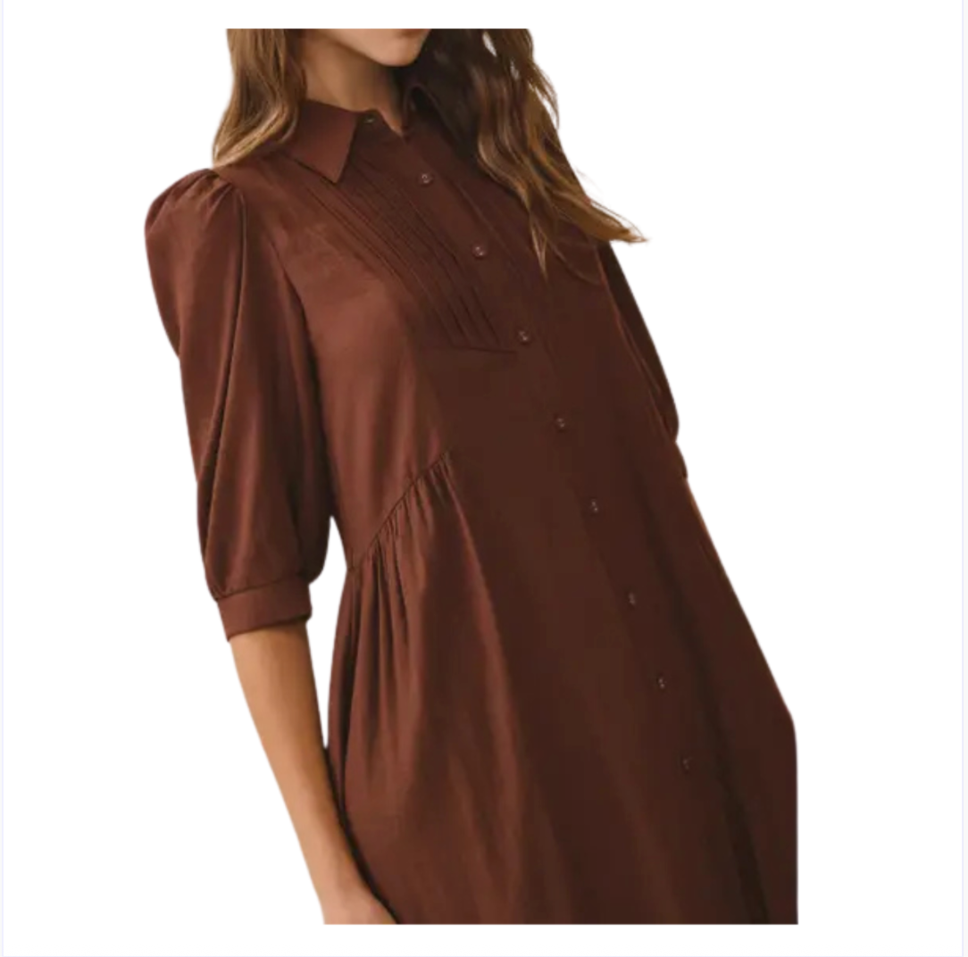 Pintuck Detail Collared Button-Down Midi Dress