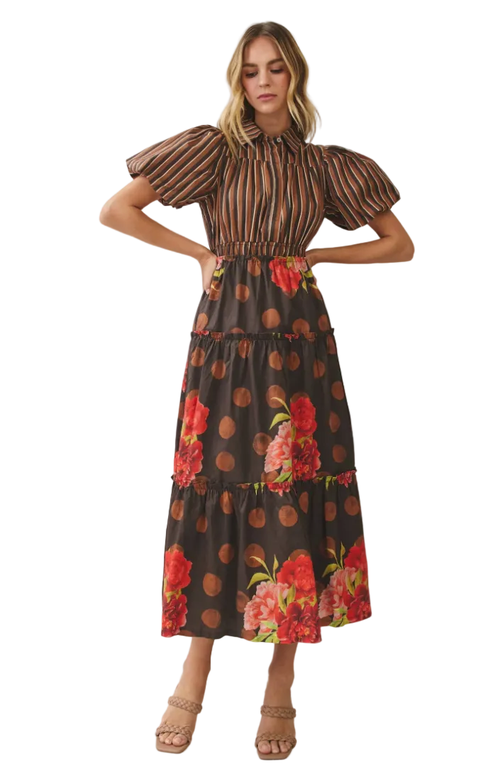 Mixed Print Puff Sleeve Tiered Midi Dress