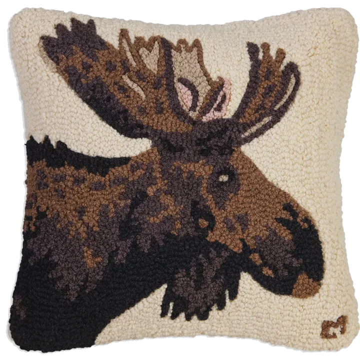 Major Moose Hooked Pillow 18" x 18"