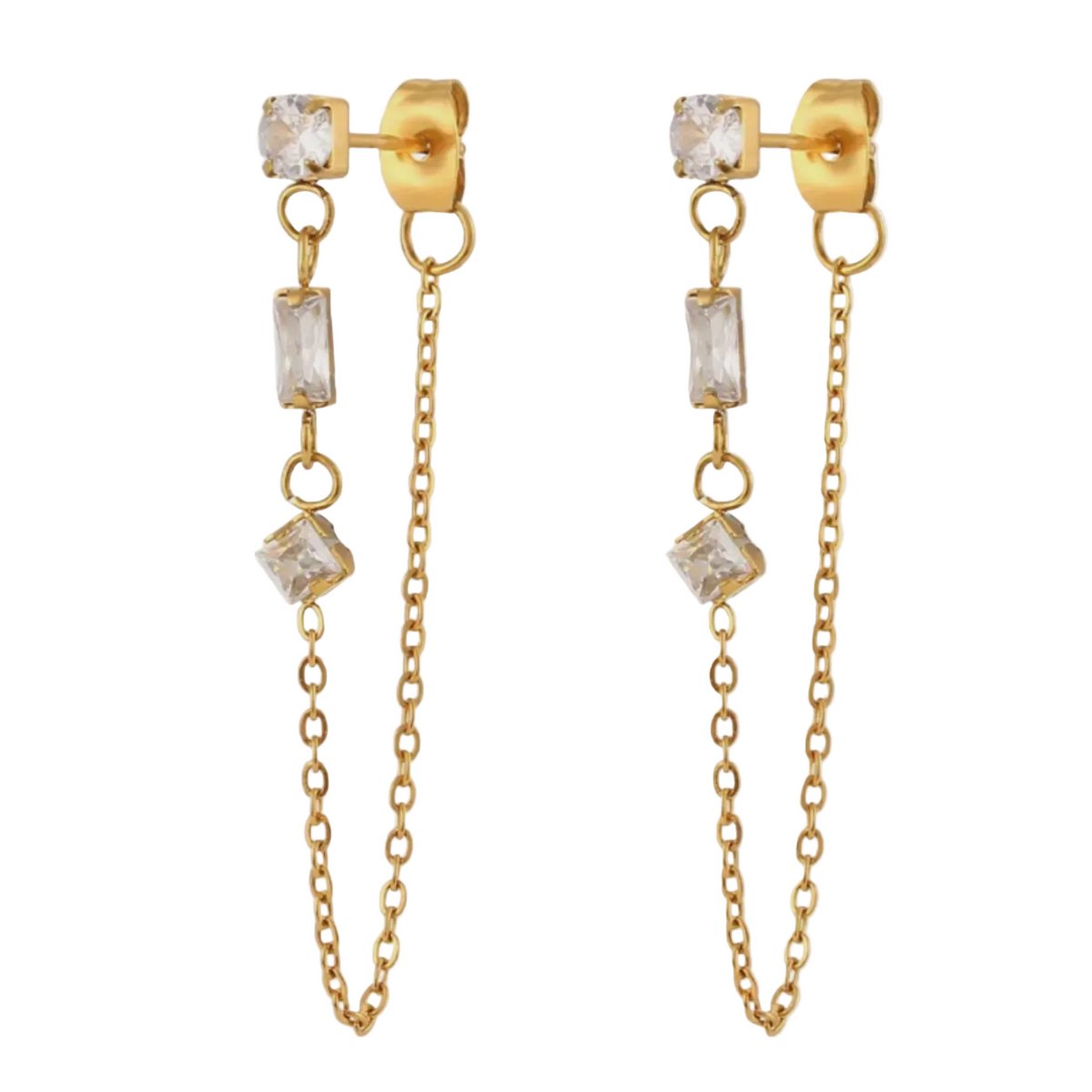 Chain Earring – 3 CZ Station 14K Gold Stainless Steel