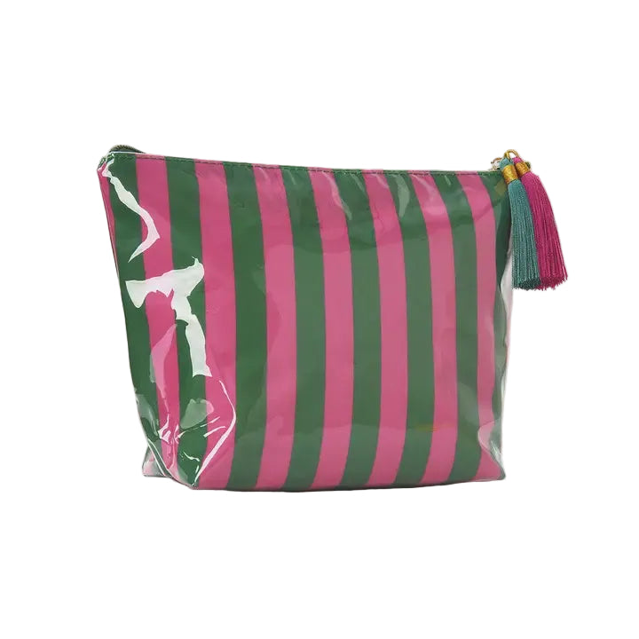 Striped Cosmetic Bag Tassel Zipper Makeup Pouch – Hot Pink & Green