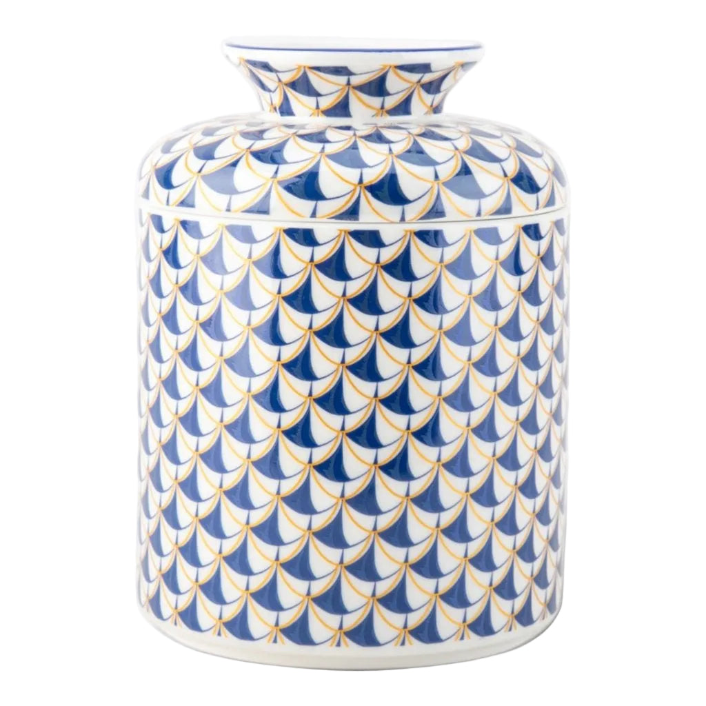 Porcelain Round Tissue Box Cover – Blue Fishnet Pattern