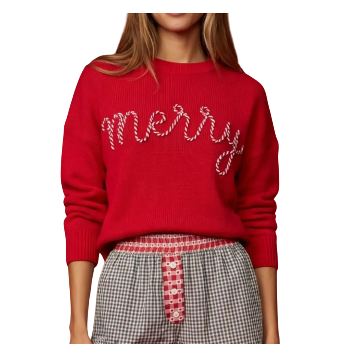 Candy Cane Stitched "Merry" Pullover Sweater