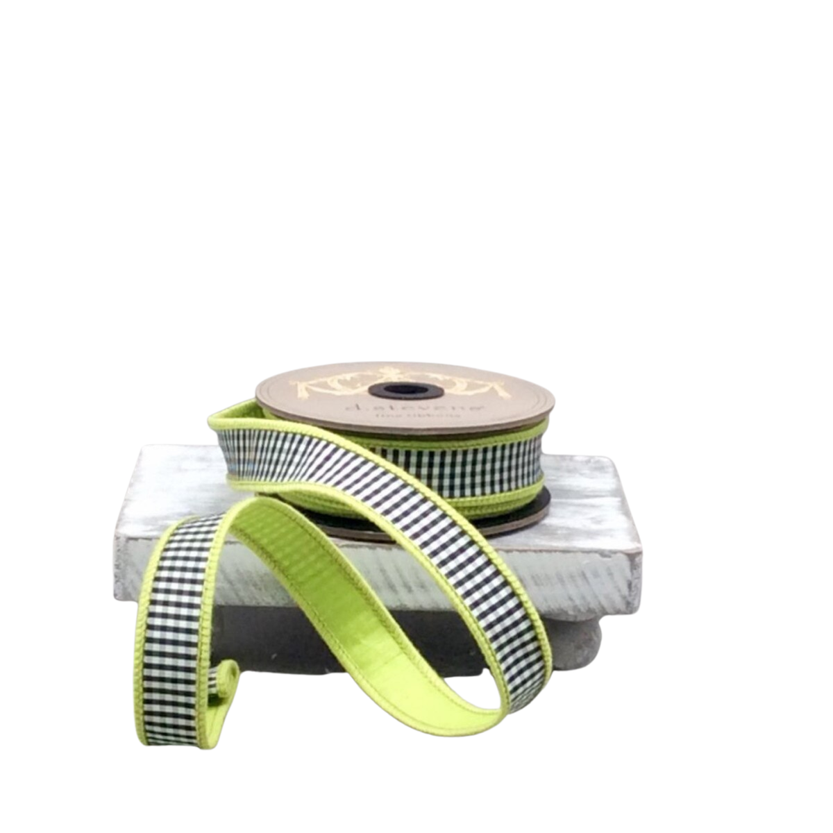 1" x 10yds Faux Dupion Mini Check Ribbon | Black & White with Lime Back