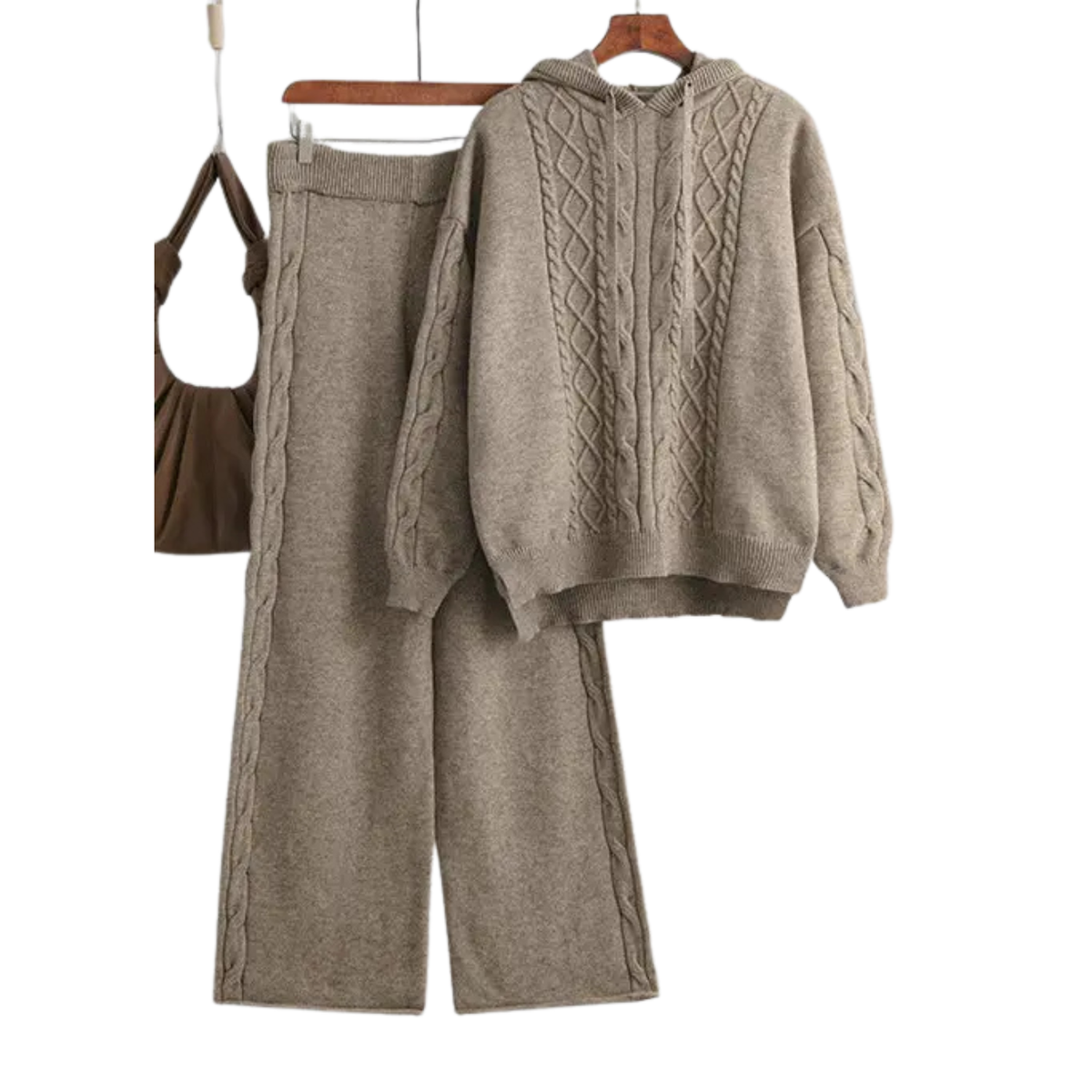 Taupe Cable Knit Hoodie & Wide Leg Pant Set - One Size